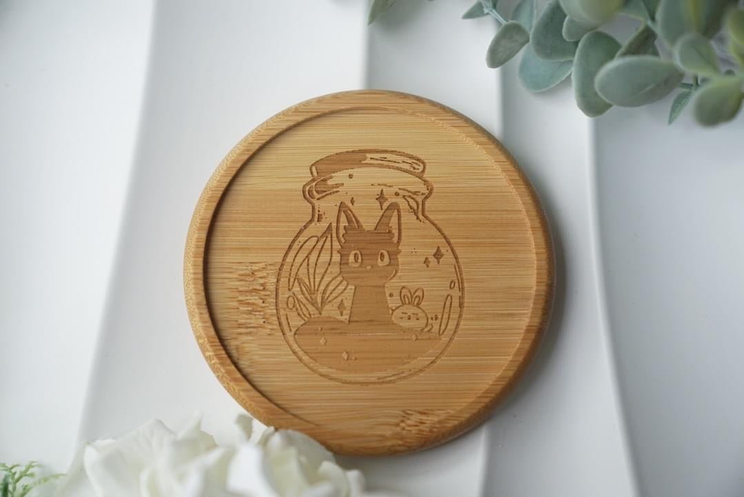 Bamboo Coasters - Black Cat with Bunny - NYU NYU