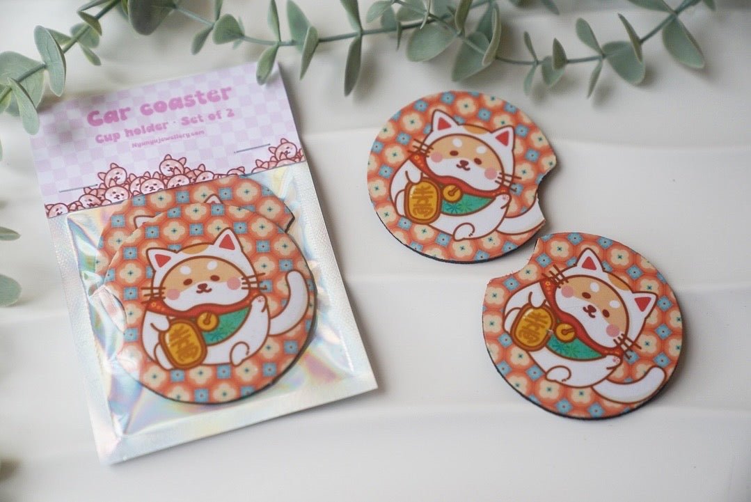 Car Cup Holder Coasters - Lucky cat Shiba Inu - NYU NYU